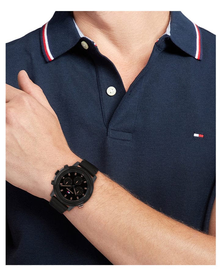 Tommy Hilfiger Troy Chronograph Black Dial Black Leather Strap Watch For Men - 1792110