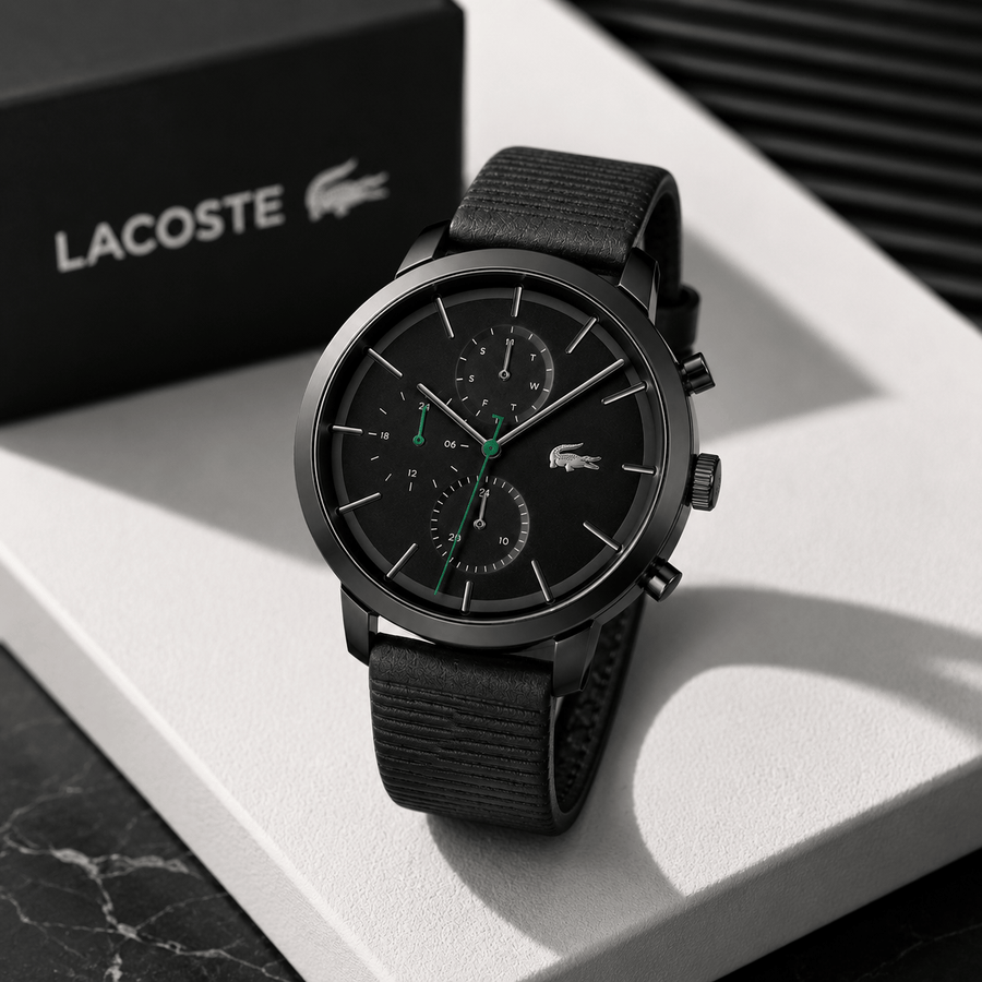 Lacoste Replay Chronograph Black Dial Black Leather Strap Watch for Men - 2011177