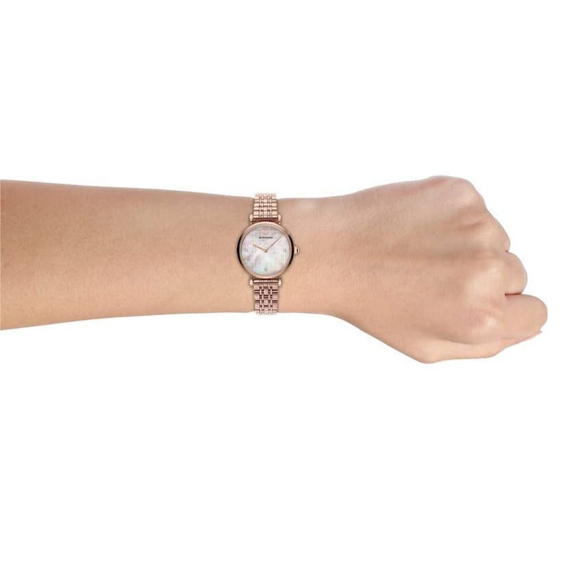 Emporio Armani Gianni T Bar Quartz Mother of Pearl Dial Rose Gold Steel Strap Watch For Women - AR11385