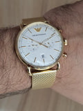 Emporio Armani Aviator Chronograph Quartz Beige Dial Gold Mesh Bracelet Watch For Men - AR11315