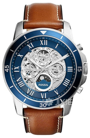 Fossil Grant Sport Automatic Skeleton Blue Dial Brown Leather Strap Watch for Men - ME3140