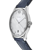 Gucci G-Timeless Signature Mother of Pearl Silver Dial Blue Leather Strap Watch For Women - YA1264049