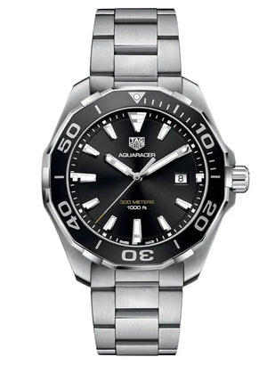 Tag Heuer Aquaracer Quartz Black Dial Silver Steel Strap Watch for Men - WAY101A.BA0746