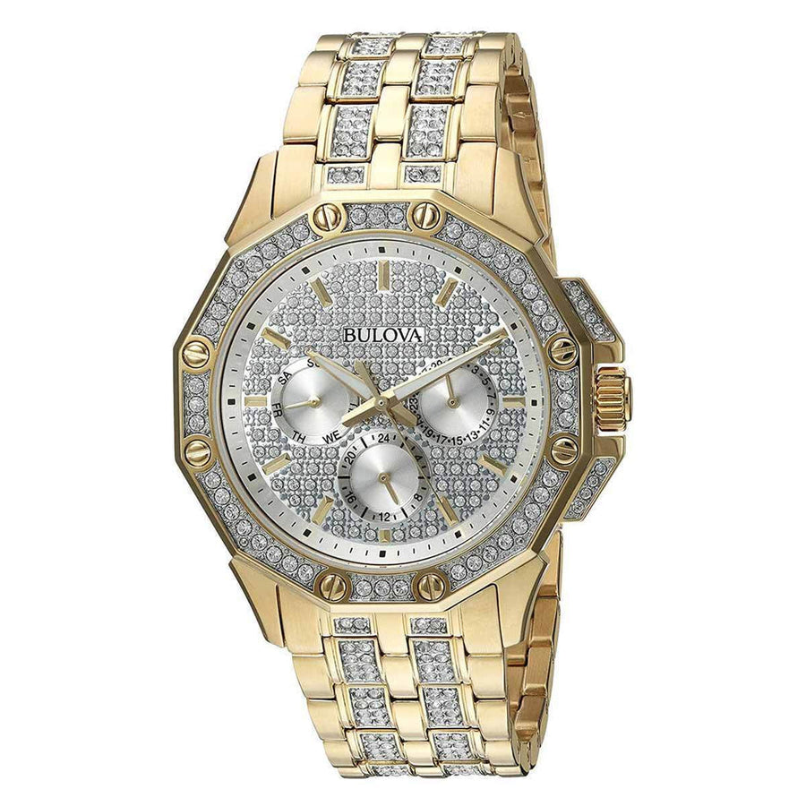 Bulova Crystal Collection Octova White Dial Gold Steel Strap Watch for Men - 98C126