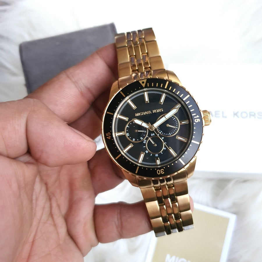 Michael Kors Cunningham Multifunction Black Dial Gold Steel Strap Watch For Men - MK7154