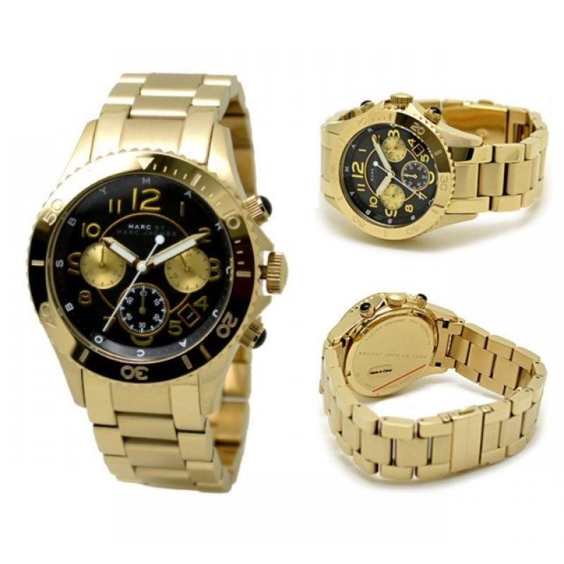 Marc Jacobs Rock Chronograph Black Dial Gold Steel Strap Watch for Women - MBM3253
