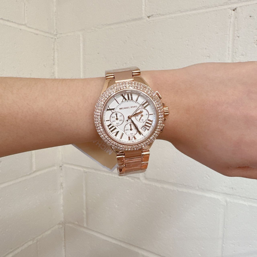 Michael Kors Camille Chronograph White Dial Rose Gold Steel Strap Watch For Women - MK6995