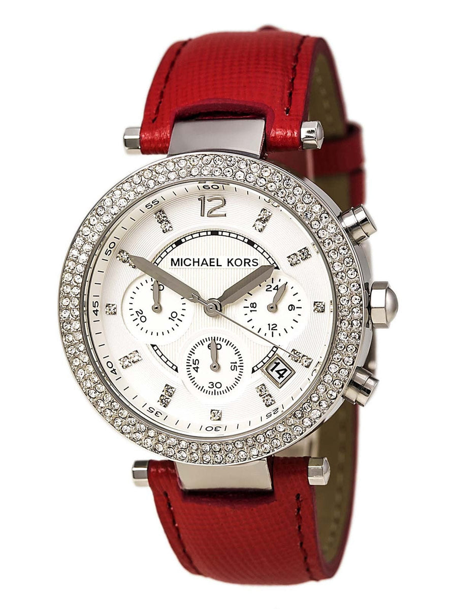 Michael Kors Parker Silver Dial Red Leather Strap Watch for Women - MK2278