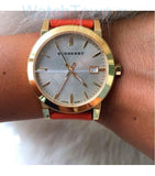 Burberry The City Gold Dial Orange Leather Strap Watch for Women - BU9016