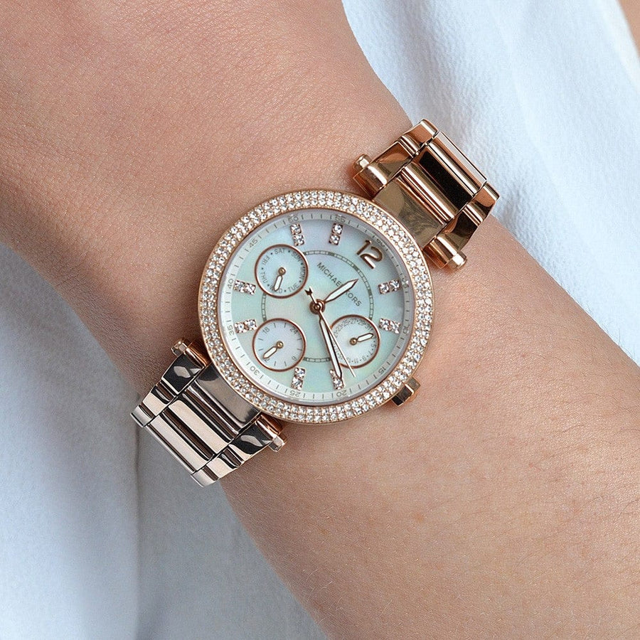 Michael Kors Parker White Dial Rose Gold Steel Strap Watch for Women - MK5616