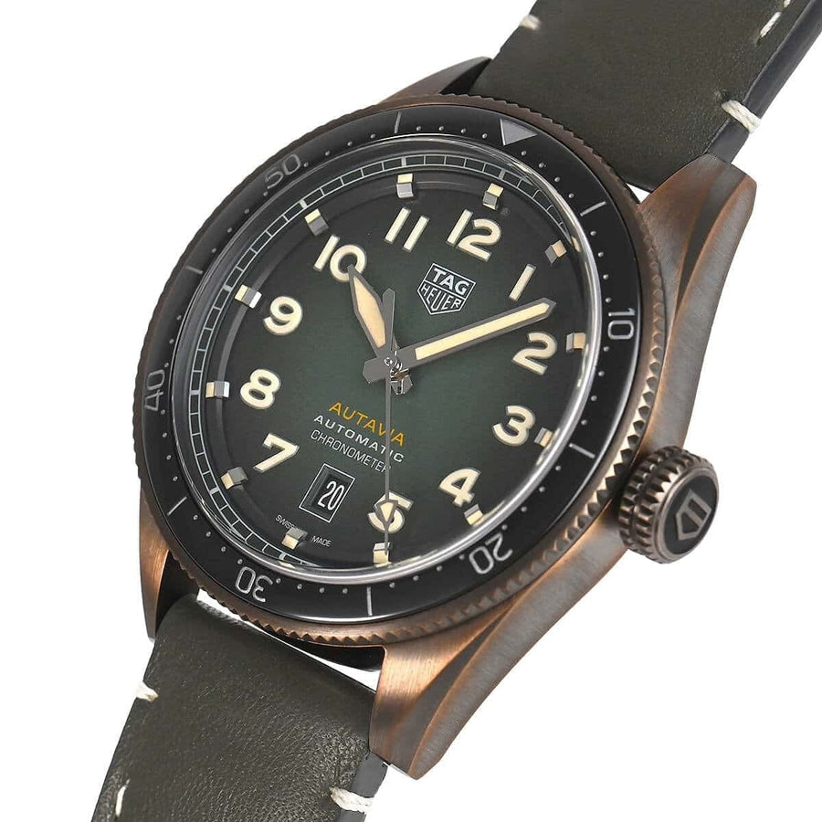 Tag Heuer Autavia Calibre 5 Automatic Olive Green Dial Green Leather Strap Watch for Men - WBE5190.FC8268