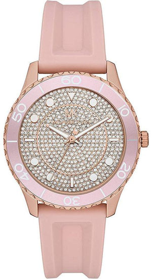 Michael Kors Runway Three Hand Crystal Pave Dial Pink Rubber Strap Watch For Women - MK6854