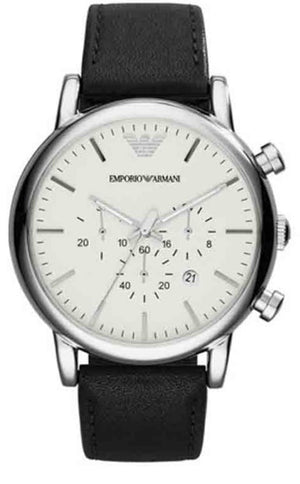 Emporio Armani Classic Quartz Chronograph White Dial Black Leather Strap Watch For Men - AR1807