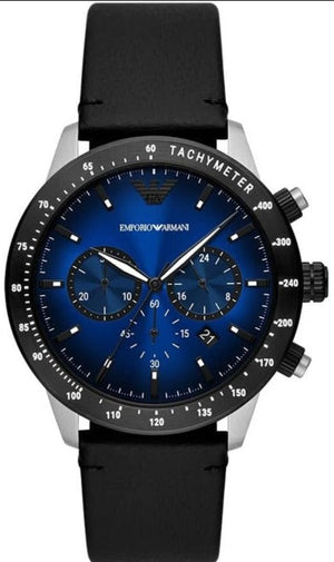 Emporio Armani Mario Chronograph Blue Dial Black Leather Strap Watch For Men - AR11522