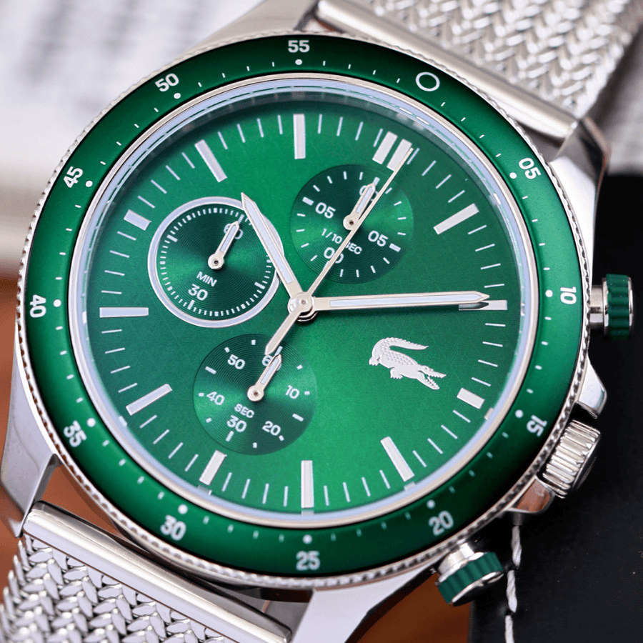 Lacoste Neoheritage Chronograph Green Dial Silver Steel Strap Watch for Men - 2011255