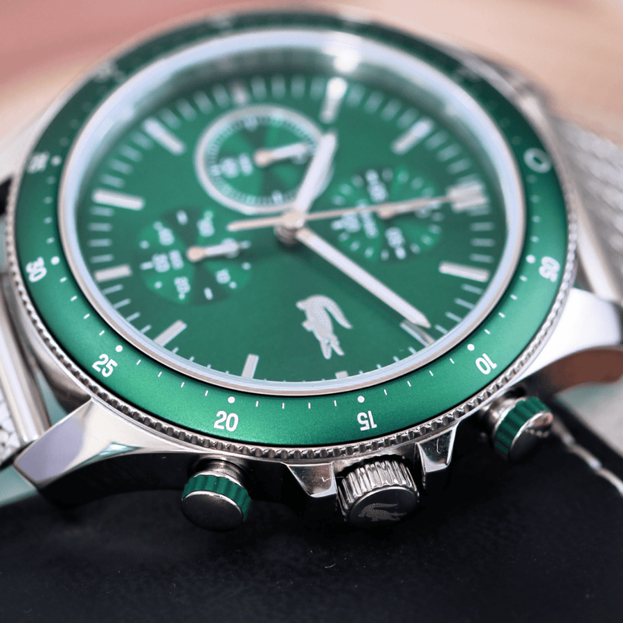 Lacoste Neoheritage Chronograph Green Dial Silver Steel Strap Watch for Men - 2011255
