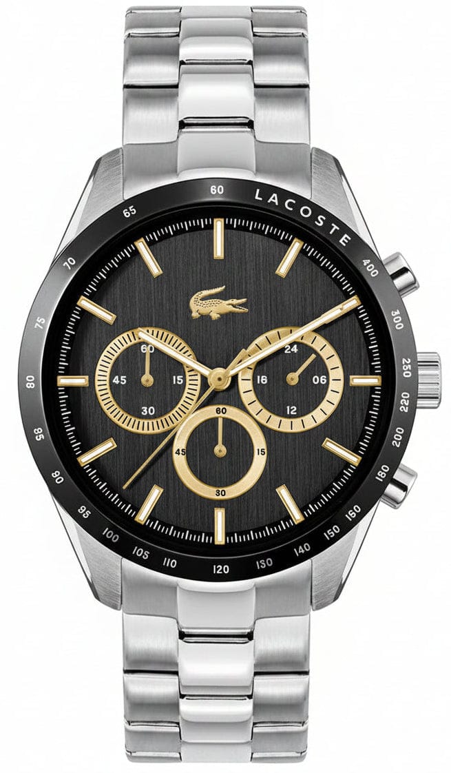 Lacoste Boston Chronograph Black Dial Silver Steel Strap Watch for Men - 2011272