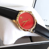 Gucci G Timeless Coral Red Dial Black Leather Strap Watch For Men - YA126464