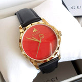 Gucci G Timeless Coral Red Dial Black Leather Strap Watch For Men - YA126464