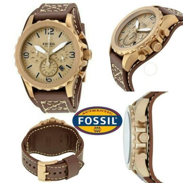 Fossil Nate Chronograph Gold Dial Brown Leather Strap Watch for Men - JR1495