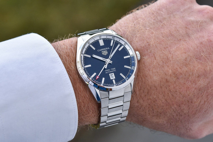 Tag Heuer Carrera Twin Time Blue Dial Silver Steel Strap Watch for Men - WBN201A.BA0640