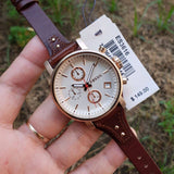 Fossil Boyfriend White Dial Brown Leather Strap Watch for Women - ES3616