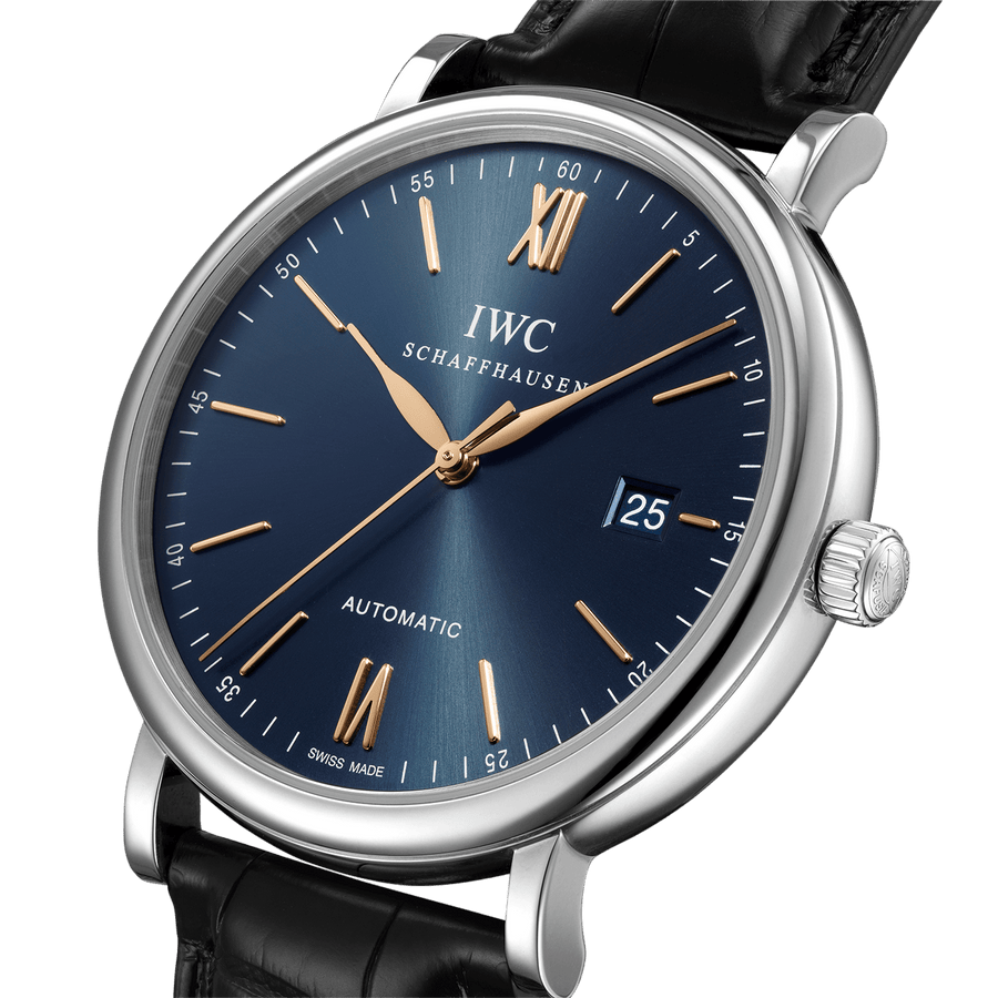 IWC Portofino Automatic Blue Dial Black Leather Strap Watch for Men - IW356523