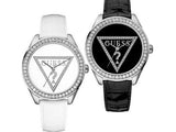 Guess Mini Triangle Quartz Diamonds Silver Dial White Leather Strap Watch For Women - W65006L1