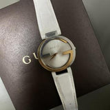 Gucci Interlocking 18K Gold Silver Dial White Leather Strap Watch For Women - YA133303