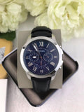 Fossil Grant Chronograph Blue Dial Black Leather Strap Watch for Men - FS4990