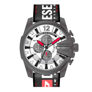 Diesel Mega Chief Chronograph Silver Dial Black Leather Strap Watch For Men - DZ4512
