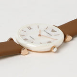 Emporio Armani Gianni T Bar Quartz Mother of Pearl White Dial Brown Leather Strap Watch For Women - AR11040