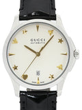 Gucci G Timeless Automatic Silver Dial Black Leather Strap Unisex Watch - YA126468