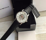 Emporio Armani Meccanico Silver Skeleton Dial Black Leather Watch For Men - AR1997