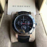 Burberry The City Chronograph Ion Plated Grey Dial Grey Leather Strap Watch for Men - BU9384