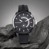 Tommy Hilfiger Denim Quartz Black Dial Black Rubber Strap Watch for Men - 1791483