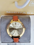 Michael Kors Runway Quartz Gold Dial Orange Leather Strap Watch For Women - MK2275