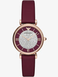 Emporio Armani Gianni T Bar Crystals Maroon Dial Maroon Leather Strap Watch for Women - AR11487