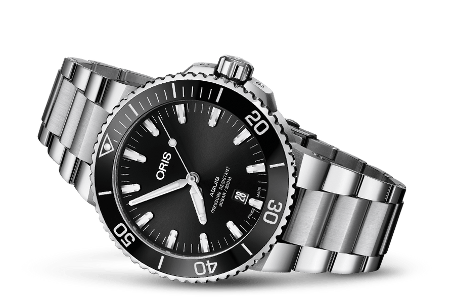 Oris Aquis Date Black Dial Silver Steel Strap Watch for Men - 0173377304134-0782405PEB