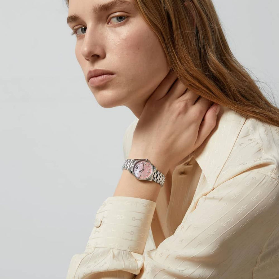 Gucci G Timeless Diamonds Mother of Pearl Pink Dial Silver Steel Strap Watch for Women - YA1265062