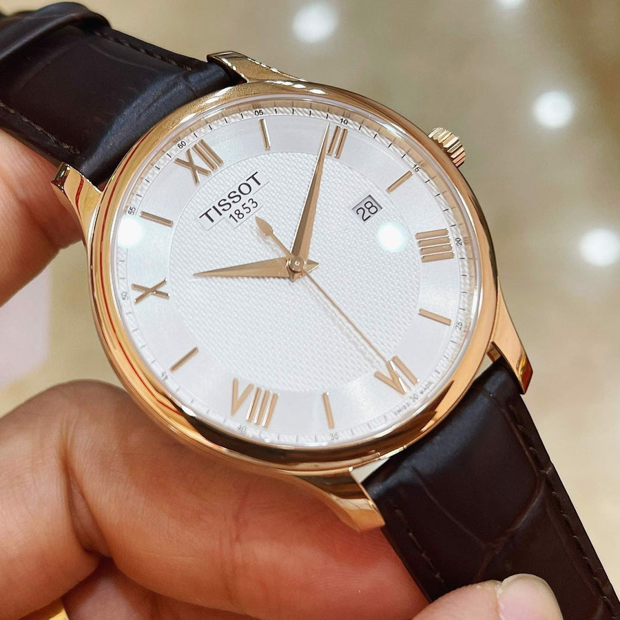 Tissot T Classic Tradition Silver Dial Brown Leather Strap Watch For Men - T063.610.36.038.00