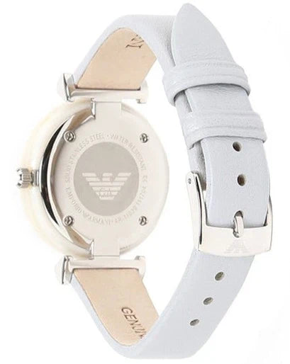 Emporio Armani Gianni T-Bar Mother Of Pearl White Dial Grey Leather Strap Watch For Women - AR11039