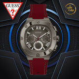 Guess Headline Multifunction Grey Dial Burgundy Silicone Strap Watch For Men - GW0571G4