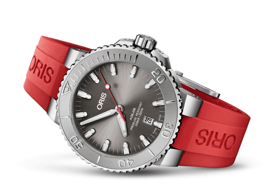 Oris Aquis Date Relief Grey Dial Red Rubber Strap Watch for Men - 0173377304153-0742466EB