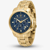 Maserati Successo Chronograph Blue Dial Gold Steel Strap Watch For Men - R8873621021