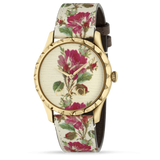 Gucci G Timeless Floral Gold Dial White Leather Strap Watch For Women - YA1264084