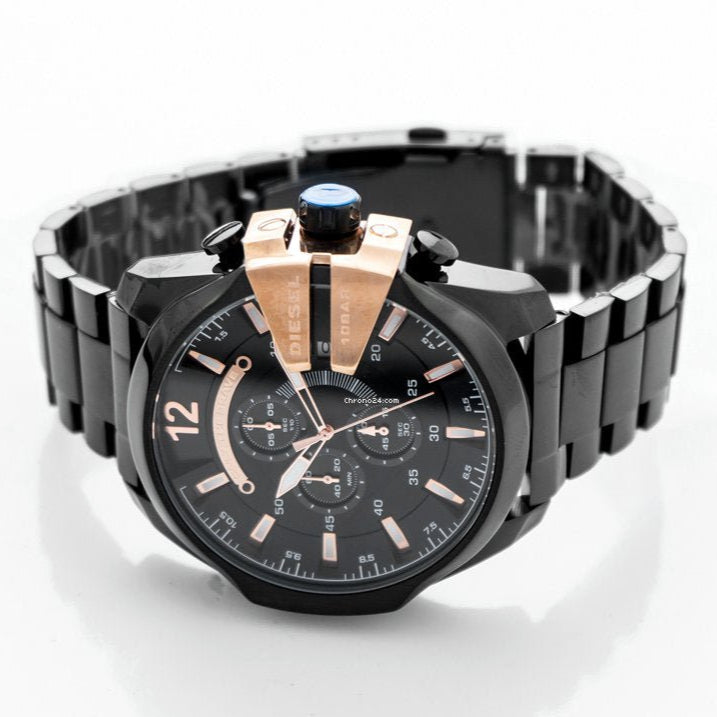 Diesel Mega Chief Chronograph Black Dial Black Steel Strap Watch For Men - DZ4309