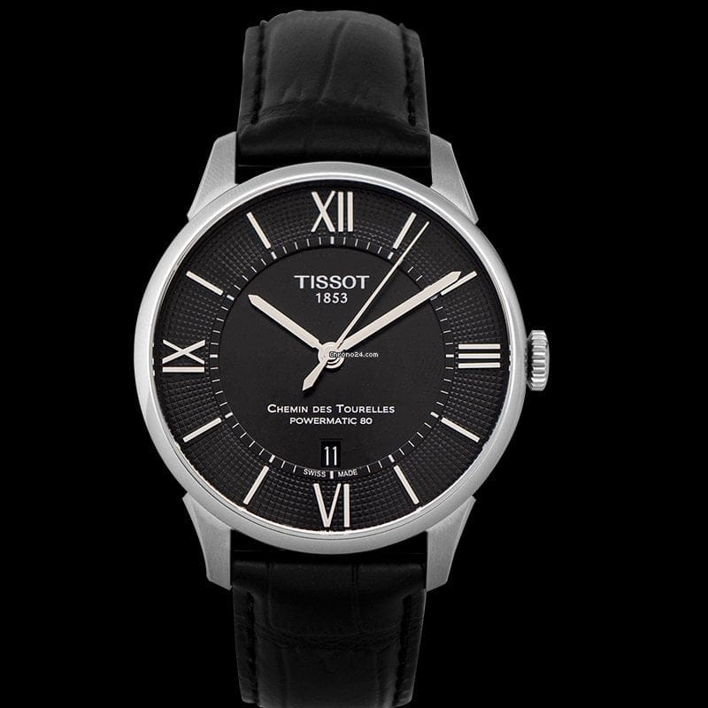 Tissot Chemin Des Tourelles Powermatic 80 Black Dial Black Leather Strap Watch For Men - T099.407.16.058.00