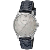 Gucci G-Timeless Signature Mother of Pearl Silver Dial Blue Leather Strap Watch For Women - YA1264049