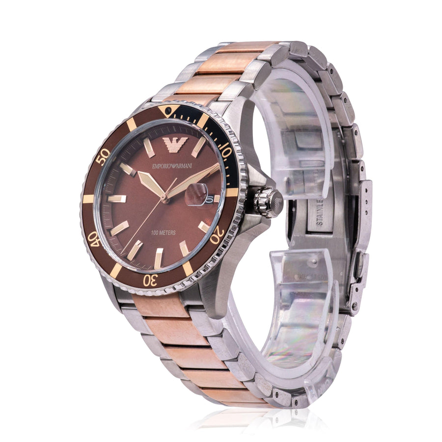 Emporio Armani Diver Quartz Brown Dial Two Tone Steel Strap Watch For Men - AR11340
